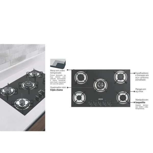 Cooktop a Gás Tramontina Glass Brasil 5 Bocas – Mesa de Vidro Preto e Tripla Chama 94708/502 - Image 4
