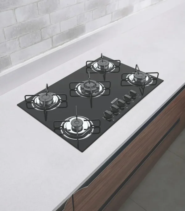 Cooktop Tramontina Glass Brasil 5 Bocas 70cm – Mesa de Vidro Temperado Preto, Queimador Tripla Chama e Acendimento Automático.