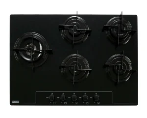 Cooktop Glass 75 GTC 5 Bocas Franke com mesa de vidro preto, queimador tripla chama e botões frontais.