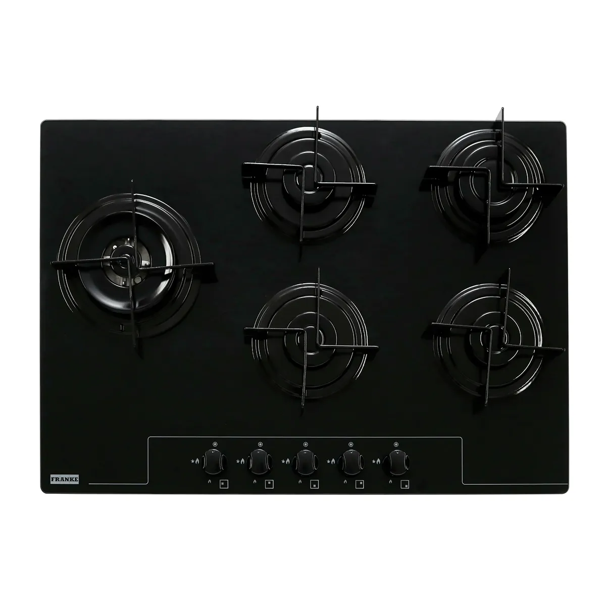 Cooktop Glass 75 GTC 5 Bocas Franke com mesa de vidro preto, queimador tripla chama e botões frontais.