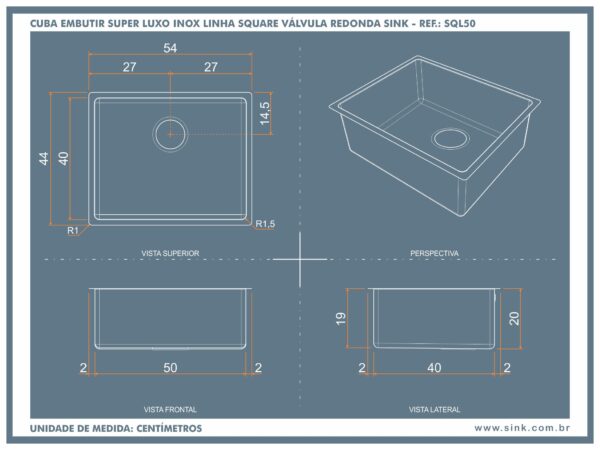 Cuba Inox Square Light 500X400X200mm Escovada Sink (NEW)