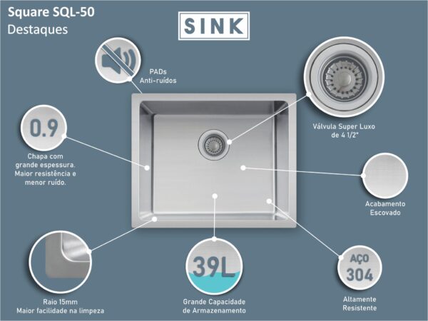 Cuba Inox Square Light 500X400X200mm Escovada Sink - Image 3