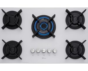 Cooktop Fischer Infinity 5 Bocas a Gás com Mesa de Vidro Branco, Trempes de Ferro Fundido e Acendimento Automático.