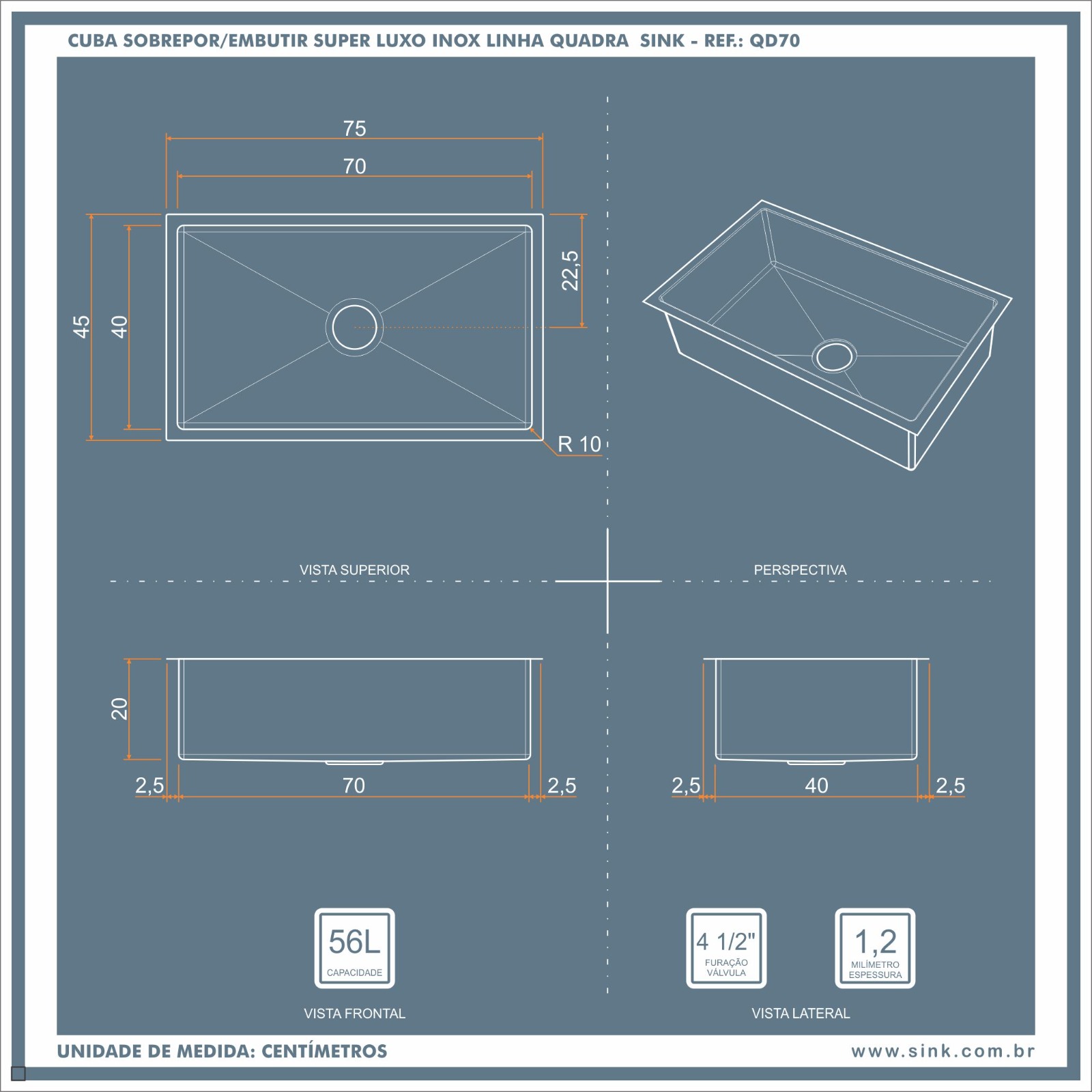 Cuba Quadra 70 Handmade Gourmet QD70 R10 Inox 700X400X200mm Escovado SINK - Imagem 6