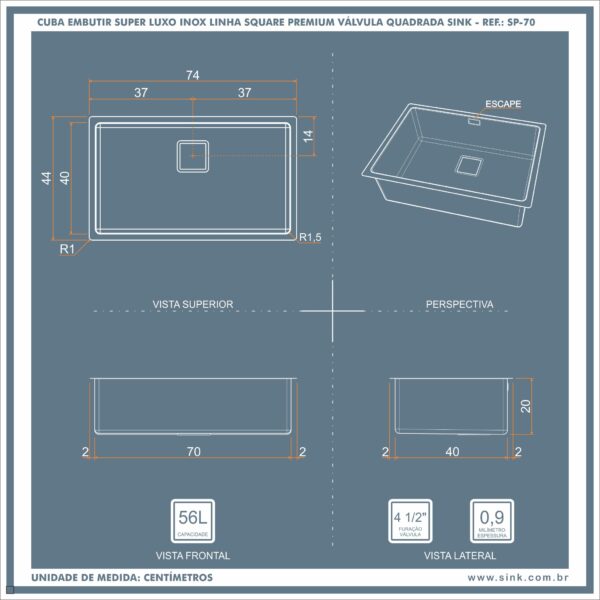 Cuba Inox Square Premium 700X400X200mm Escovado Embutir R15 4.1/2″ SINK