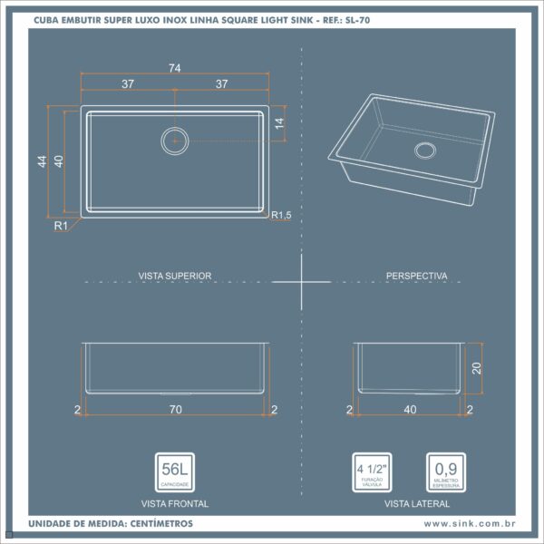 Editar produto “Cuba Inox Square Premium 700X400X200mm Escovado Embutir R15 4.1_2″ SINK” ‹ SINK — WordPress