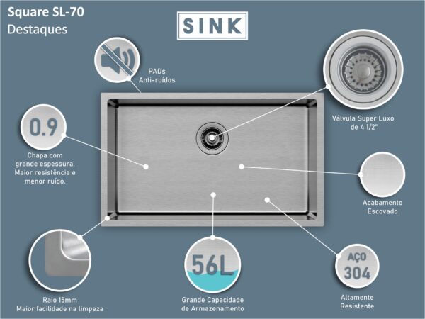 Cuba Inox Square Light 700X400X200mm Embutir Escovada Sink - Image 3