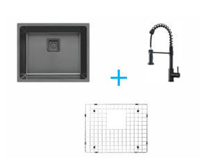 Combo Square Black - Cuba Square Black 500x400mm + Grade para Pratos + Misturador Monocomando Workstation WK374-MB Sink