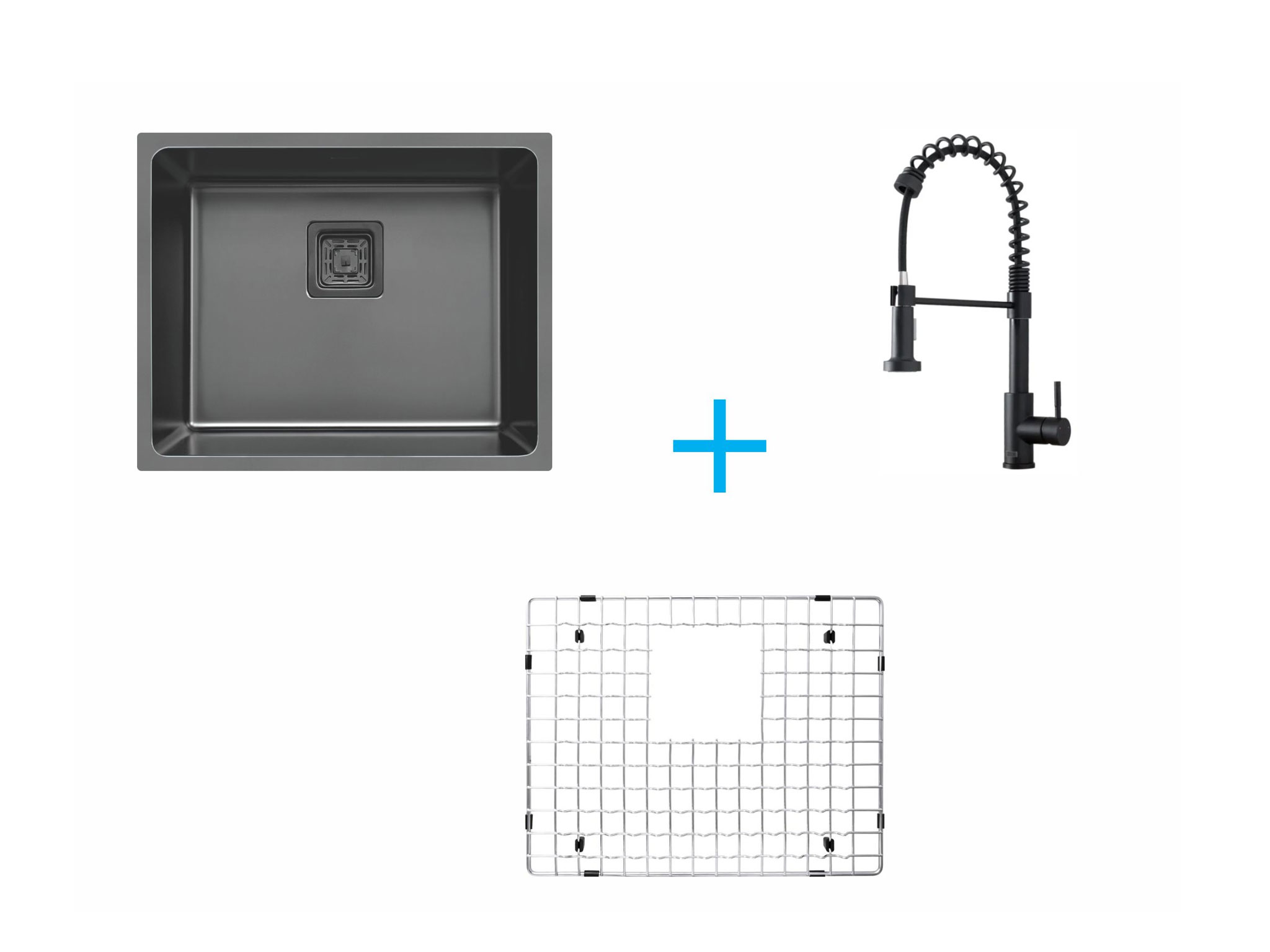 Combo Square Black - Cuba Square Black 500x400mm + Grade para Pratos + Misturador Monocomando Workstation WK374-MB Sink