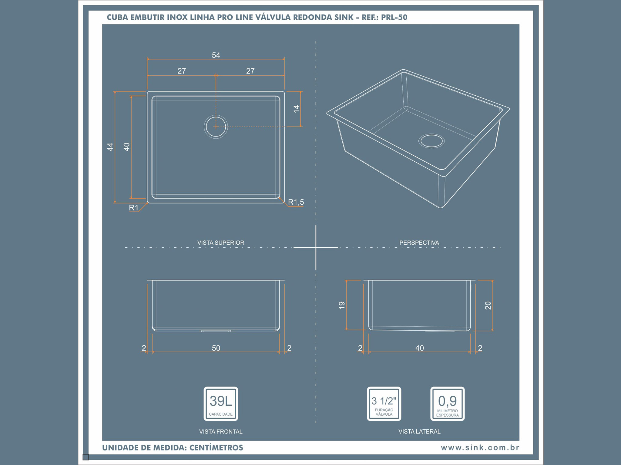 Cuba Industrial Sink Pro Line Inox 500X400X200mm Escovada Sink
