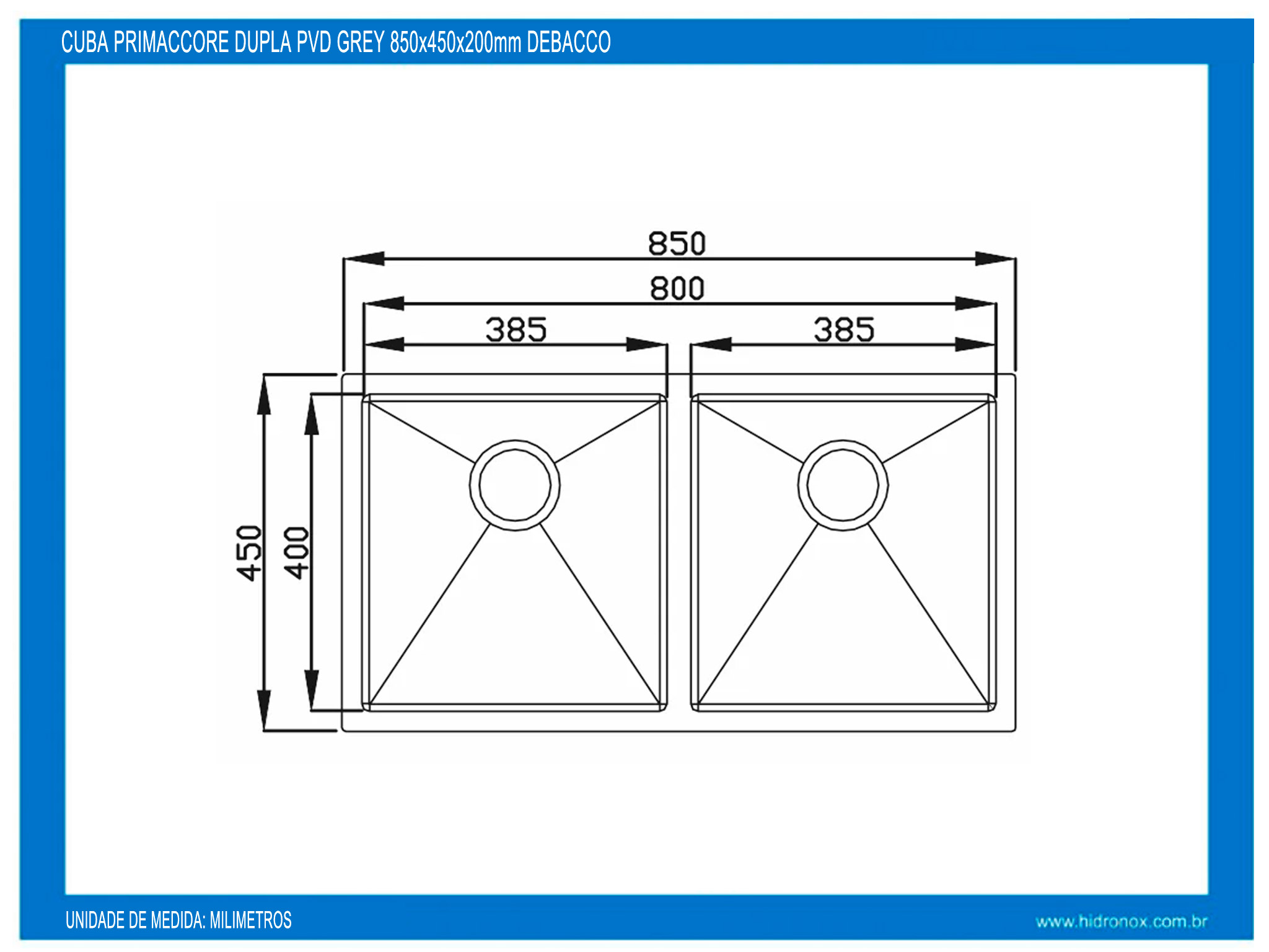 Cuba Primaccore Dupla PVD Grey 850x450x200mm DeBacco 90780
