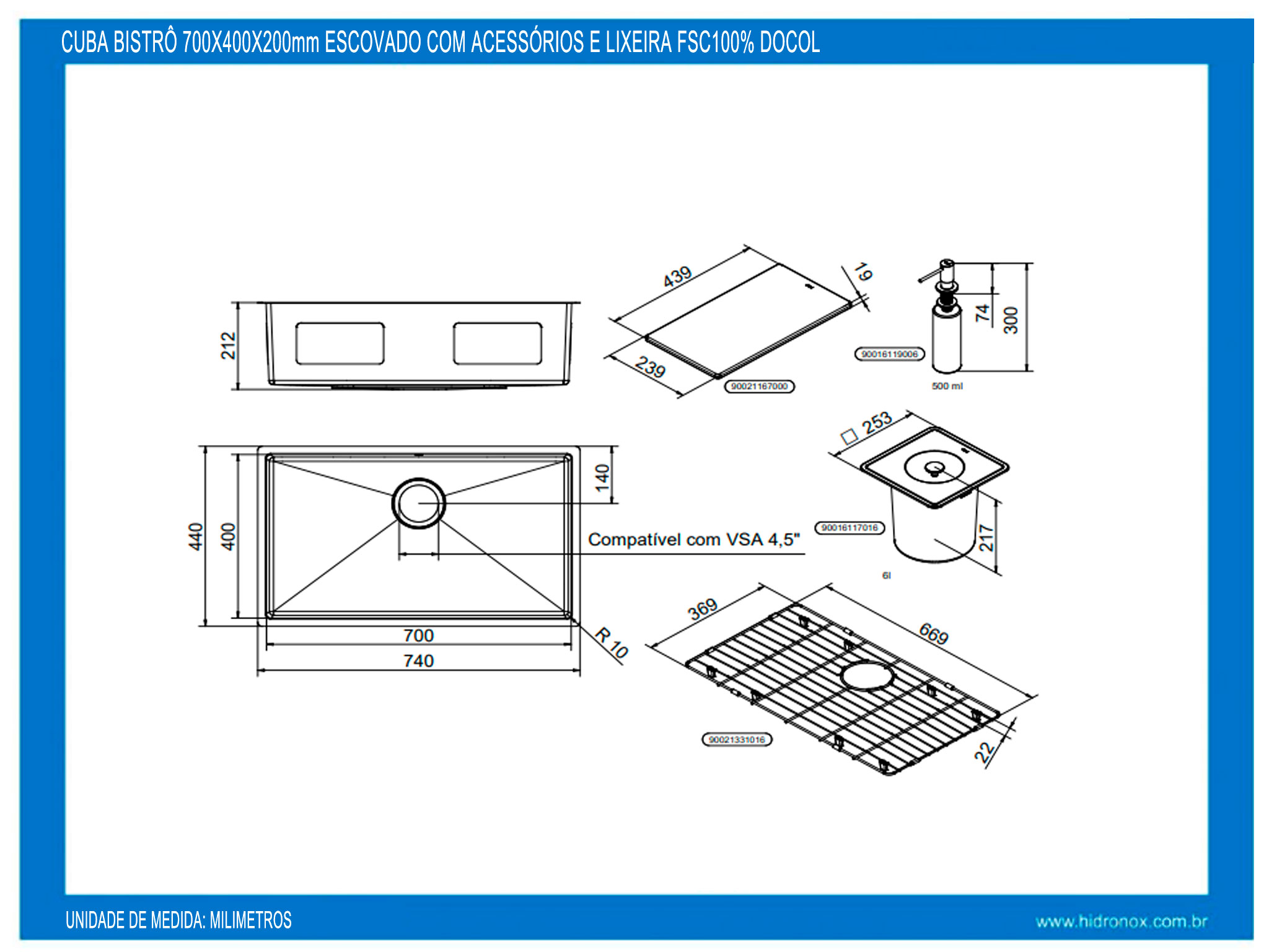 Cuba Bistrô 700x400x200mm Escovado com Acessórios e Lixeira FSC100% Docol 90021166016